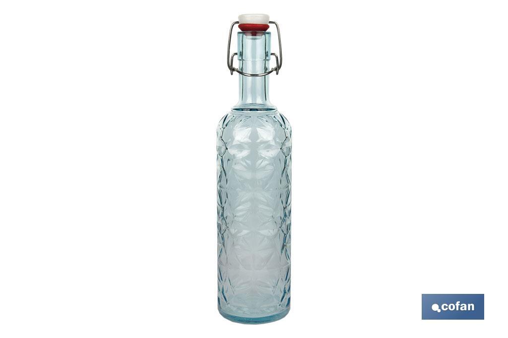 BOTELLA DE VIDRIO TRANSPARENTE AZUL CLARO CON CIERRE DE ESTRIBO 1 L VENTA UNITARIA